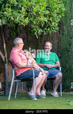 Lächelnde hispanische und ältere kaukasische männliche Ehepaare mittleren Alters, die sich anschauen, während sie sich im Hinterhof mit ihrem Do unterhalten... Stockfoto