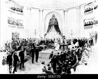 Der Spanisch-amerikanische Krieg: Die königliche Regentin von Spanien liest die Rede vom Thron zu den Cortes, 1898. Von einer Skizze von T. Comba. In ihrer Rede vom Thron bei der Eröffnung der Cortes hat die Königin von Spanien, so wird man sich erinnern, einen aufrührenden Appell ausgesprochen, an den die Hauptlast im Zusammenhang mit der hier wiedergegebenen Abbildung gebührend erinnert werden kann. Angesichts der Möglichkeit, sagte Ihre Majestät, dass die Bemühungen des Papstes und der Großmächte den bevorstehenden Krieg nicht verhindern könnten, habe sie die Cortes einberufen, um die Rechte Spaniens zu verteidigen Stockfoto
