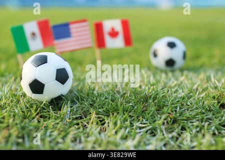 Fußball auf dem Stadionfeld mit nordamerikanischen Gastflaggen. Symbolische Darstellung globaler sportlicher Einheit und Meisterschaftserwartung. Stockfoto
