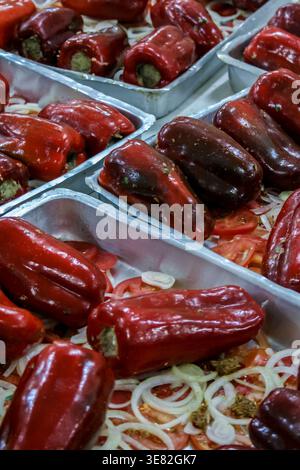 Rote gefüllte Paprika in Metallblechen, zubereitet mit Zutaten wie Hackfleisch, Zwiebeln und Tomaten, fertig zum Kochen. Das Bild hoch Stockfoto