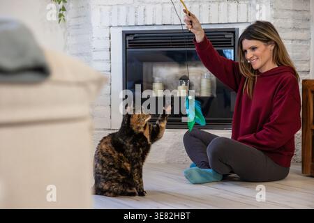 Frau, die mit Hauskatze spielt, mit Federspielzeug zu Hause Stockfoto
