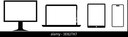 Schwarzweiß-Strichgrafik mit vier elektronischen Geräten hintereinander, darunter Desktop-Monitor, Laptop, Tablet und Smartphone. Minimalistischer Stil für UI UX Stock Vektor
