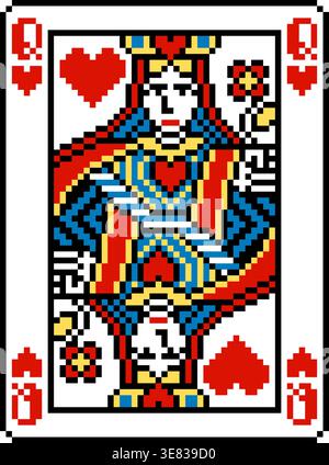 Pixel Art Queen of Hearts Spielkartendesign Stock Vektor