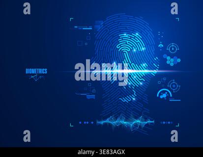 Konzept der Biometrie oder Gesichtserkennungstechnologie, Darstellung des Fingerabdrucks kombiniert mit dem menschlichen Gesicht und futuristischem Element Stock Vektor