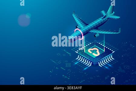 Konzept der Luftfahrt-Technologie, Flugzeuggrafik mit Mikrochip und futuristischem Element Stock Vektor
