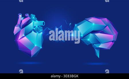 Das Konzept der Verbindung zwischen Geist und Interllect, ein Bild des niederpolaren Herzens und des Gehirns mit futuristischem Element Stock Vektor