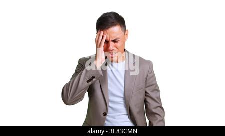 Mann mit starken Kopfschmerzen auf transparentem Hintergrund Stockfoto