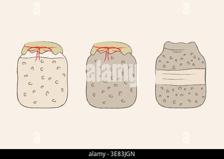 Rustikale handgezeichnete Sauerteigglas-Kollektion mit Etiketten – neutraler Vektor-Clipart für Backen und Bauernhaus-Dekor. Stock Vektor