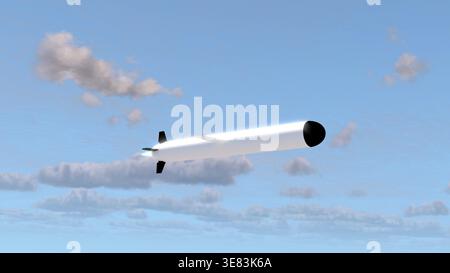 Militärraketen starten Luftflug auf bewölktem Himmel 3D-Rendering Stockfoto