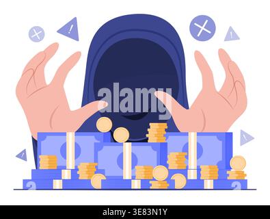 Scammer Thief in Hood Steal the Cash Money Bundles and Coins for Financial Risk Concept Illustrations Clip Art Stock Vektor