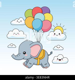 Netter Elefant, der mit bunten Ballons im Himmel mit lächelnden Wolken fliegt Vektor-Illustration Stock Vektor