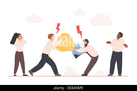Bürokollegen streiten sich, ziehen riesige Glühbirnen, Konzept des Konflikts über das Eigentum, Teamwork-Probleme, Ideendiebstahl im kreativen Business-Team, isoliert auf weißen Vektorillustration Stock Vektor