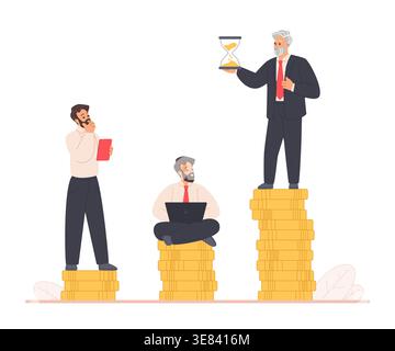 Geschäftsleute auf Münzstapeln in verschiedenen Lebensphasen vergleichen Altersvorsorge, Investitionswachstum, Zeitmanagement mit Sanduhr, Konzept der Rentenplanung, finanzielle Zukunft, Vektorillustration Stock Vektor