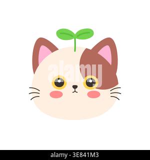 Nettes kawaii Calico Katzengesicht mit kleinem grünen Pflanzensprossen auf Kopf Vektor Illustration Clipart Aufkleber Stock Vektor