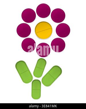Blume aus mehrfarbigen Pillen. Organische natürliche Vitamine und Nahrungsergänzungsmittel für Gesundheit und Schönheit Konzept, Vektor-Symbol Stock Vektor