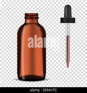 Offene dunkle klare dicke Glasflasche mit Tropfverschluss auf transparentem Hintergrund, realistisches Modell. Verpackung von Kosmetik- oder Medizinprodukten, Vektorvorlage Stock Vektor