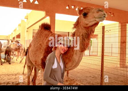 Frau, die neben einem einbuckligen arabischen Kamel steht und das freundliche Tier auf dem traditionellen Kamelmarkt Al Ain in Abu Dhabi, Vereinigte Arabische, bewundert Stockfoto