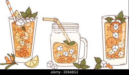 Sanddorn Sommergetränk-Set. Gesundes kaltes Getränk aus Einmachglas und Highball Gläsern mit Eis, Orangenbeeren, Minze und Zitrusscheiben mit Cocktail Stock Vektor