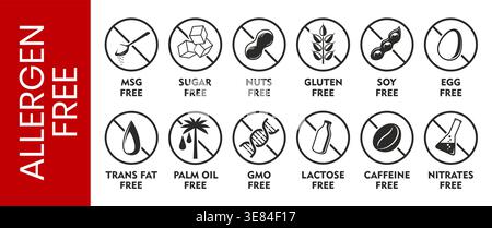 Allergenfreie Ikonen, keine Nüsse und Zucker, Gluten Stock Vektor