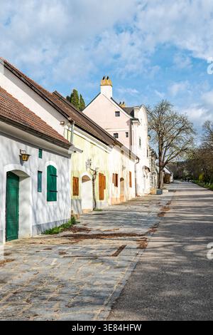 Ein einsamer Radfahrer fährt eine ruhige, von Bäumen gesäumte Straße in einem europäischen Dorf hinunter. Die pastellfarbenen Häuser und Kopfsteinpflasterpflaster-Gehwege lassen eine friedliche Hist vermuten Stockfoto