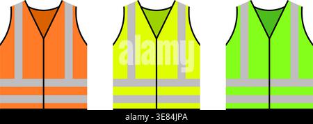 Klassische Arbeitssicherheitsweste Hi Vis VIZ Kleidung orange grün gelb Flouro Symbol Vektor Set auf transparentem Hintergrund Stock Vektor