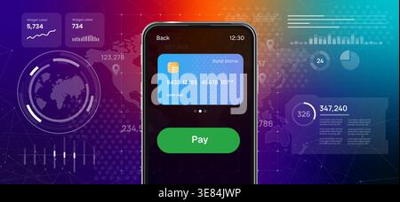 Smartphone mit Kreditkarte auf dem Bildschirm Online-Zahlung und Mobile Banking digitaler futuristischer Hintergrund für E-Commerce-Transaktionen und Finanztransaktionen Stock Vektor