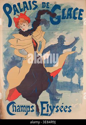 Palais De Glace. Champs Elysees, 1893. Dieses Poster wurde entworfen, um für die Eisbahn oder Palais de Glace zu werben. Das Palais des Glace war eine der beliebtesten Sehenswürdigkeiten der Belle Epoque Paris. Schlittschuhlaufen wurde in diesem Jahrzehnt weniger modisch, während Tangotanz zunehmend gesellschaftliche Akzeptanz gewann. Im Dezember 1893 wurde das Palais de Glace in einen eleganten Tanzsaal umgebaut und spielte eine wichtige Rolle bei der Förderung dieses neuen Tanzphänomens. Stockfoto