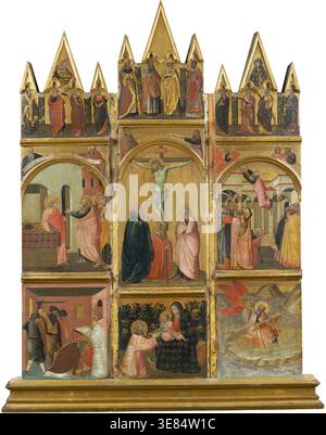 Kreuzigung, Jungfrau und Kind, Diakon und Szenen aus den Sagen der Heiligen Matthäus und Johannes des Evangelisten, um 1345-1350. In der Mitte befinden sich die Kreuzigung und die thronende Jungfrau und Kind mit einem knienden Diakon. Die linke Seite erzählt von der Berufung und dem Martyrium des heiligen Matthäus, während die Abschnitte auf der rechten Seite den heiligen Johannes auf der Insel Patmos und seinen Aufstieg in den Himmel zeigen. Teile der letztgenannten Szene zeigen den Einfluss von Giottos Fresko in Santa Croce in Florenz. Diese witzig erdachte Bilderzählung wird von einer Reihe von Heiligen und der Verkündigung gekrönt. Stockfoto
