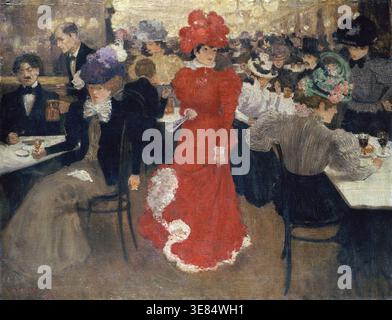 Im Café d'Harcourt in Paris, 1897. Pariser Bohemiens und Damen von leichter Tugend vertreiben die Zeit mit Rauchen und Trinken. Eine junge Frau in einem roten Kleid macht sich schwungvoll durch ihre Mitte. Ihr auffälliges Outfit verrät den scheuen Blick, mit dem sie den Raum durchsucht. Aber niemand nimmt sie wahr. Tatsächlich gibt es überhaupt keine Kommunikation zwischen den Gästen. Stockfoto