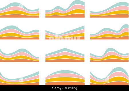 Modernes Wellenteiler-Set für Kopfzeilen und Abschnitte von Websites. Abstrakte, gestreifte Formen im Retro-Stil sorgen für dynamische Ränder. Perfekte Vorlage für Webdesign Stock Vektor