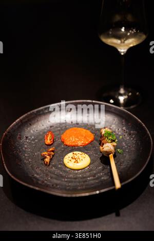Feine Vorspeise auf dunkler Keramikplatte mit Saucen und Spießen, stimmungsvolle Atmosphäre im Restaurant mit Weinglas im Hintergrund. Stockfoto