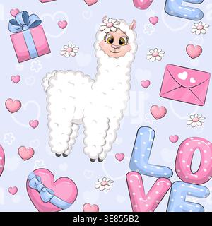 Nahtloses Valentinstag-Muster mit süßem weißem Lama. Feiertags-Vektor-Illustration auf einem Fliederhintergrund mit Tier, Herz, Wort Liebe, Geschenk. Stock Vektor