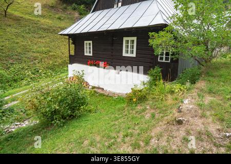 Blick auf ein bezauberndes dunkles Holzhaus mit weißer Zierleiste und silbernem Dach, eingebettet in einen üppig grünen Hügel, Prasnica, Velka Fatra, Slowakei. Stockfoto