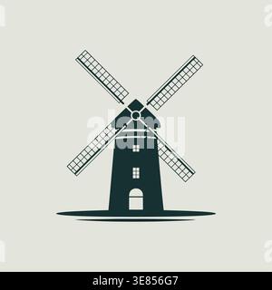 Eine einfache, aber auffällige Illustration einer klassischen Windmühle in gedämpftem Grünton vor einem weichen beigefarbenen Hintergrund. Ein zeitloses Emblem der Landwirtschaft Stock Vektor