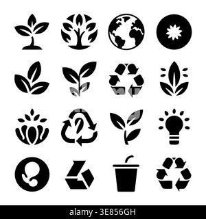 Eine Reihe von sechzehn Schwarzweiß-Symbolen, die die ökologische Nachhaltigkeit veranschaulichen, einschließlich Bäumen, Recycling-Symbolen und Konzepten für erneuerbare Energien. Stock Vektor