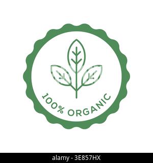 100 Prozent organisches Zertifizierungsabzeichen im minimalen grünen Seal mit Blatt-Symbol Vektor-Illustration Stock Vektor