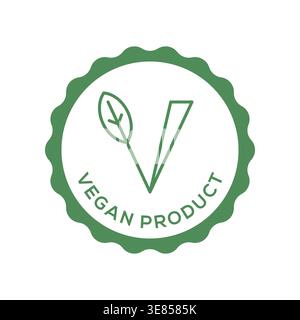 Veganes Produkt-Zertifizierungsabzeichen in minimaler grüner Dichtung mit Blatt und V-Symbol Vektor-Illustration Stock Vektor