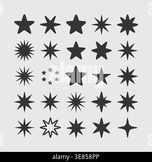 Eine grafische Ressource mit verschiedenen Sternformen, die auf weißem Hintergrund für Design- und Illustrationszwecke angeordnet sind. Stock Vektor
