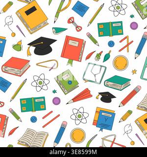 Ein nahtloses Muster mit Büchern, Bleistiften, Atomen und einer Graduierungskappe auf weißem Hintergrund, ideal für Designs im Bildungsbereich. Stock Vektor