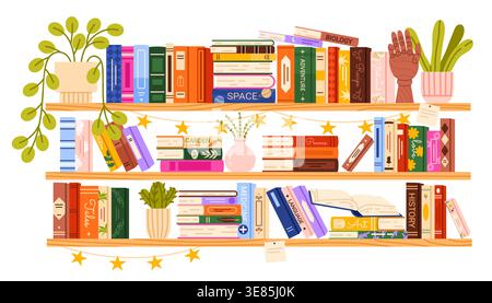 Gemütliche Bücherregale gefüllt mit bunten Büchern, Studienfächern, Romanen, Dekor, Topfpflanzen, Girlanden, zum Lesen von Ecke oder Bibliothek Wandkunst isoliert auf weißem Hintergrund Vektor Illustration Stock Vektor