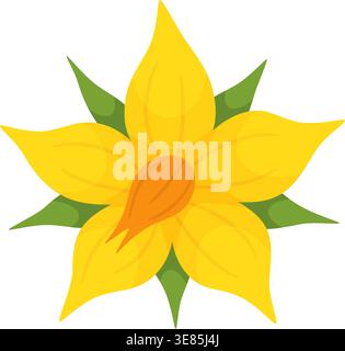 Gelbe Tomatenblume. Handgezeichneter trendiger flacher Stil isoliert auf transparentem Hintergrund. Für Aufkleber, Menüs, Poster, botanische Leitfäden, Gartenerziehung, landwirtschaftliche Wachstumszyklen, Naturdesigns Stock Vektor