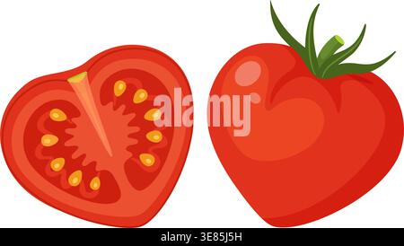 Rote Tomaten, ganze und vertikale, halbgeschnittene, herzförmige Tomaten. Handgezeichneter flacher Stil isoliert auf transparentem Hintergrund. Für Aufkleber, Menüs, Poster, romantische Rezepte, Etiketten für Bio-Lebensmittel, gesunder Lebensstil Stock Vektor