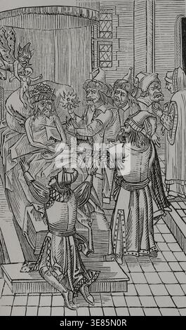 Mehmeds Seele wird vom Teufel ergriffen und seine beiden Söhne Bajazet und Cem stehen vor seinem Sterbebett, 1481, (1496), 1877. Mehmed II. (1432-1481), osmanischer Sultan. Nach „Description du siége de la ville de Rhodes“, 1496. Von "Vie Militaire et Religieuse au Moyen Age et à l'Epoque de la Renaissance", Paris, 1877. Stockfoto