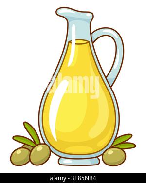 Olivenöl in Glasflasche mit grünen Oliven. Zeichentrickstil Zeichnung, isolierte Vektor Clipart Illustration. Stock Vektor