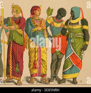 Altes Ägypten, 1881. Von links nach rechts; 9-10: Kostüm mit langen, schmalen Ärmeln am Körper befestigt, 11-12: Kunstvolle Schürze für Könige und Priester. Aus Historia Universal (Universal History) von Cesar Cantu, Band I, 1881. Stockfoto