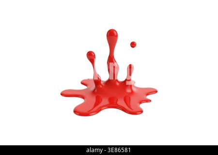 3D-Darstellung einer dicken roten Flüssigkeit mit mehreren Tröpfchen und Spritzern, isoliert auf weißem Hintergrund mit flacher Beleuchtung. Stockfoto