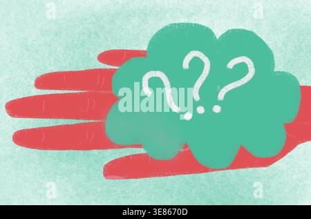 Abstrakte Illustration einer grünen Wolke mit weißen Fragezeichen über einem roten Pinselstrich auf strukturiertem Hintergrund, symbolisiert Verwirrung, Unsicherheit, d Stockfoto