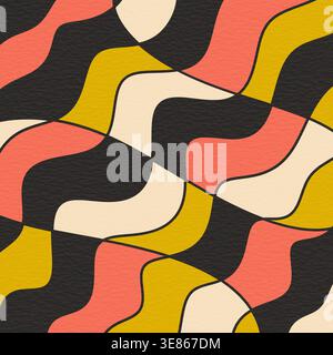 Abstraktes geometrisches Muster aus ineinander greifenden gekrümmten Fliesen in Korallen, Senf, Creme und Schwarz, die einen nahtlosen Wellenmosaikhintergrund für modernes Design schaffen Stockfoto