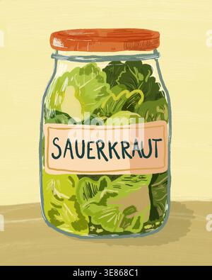 Illustration eines Glasbehälters gefüllt mit Sauerkraut, einem fermentierten Kohlfutter reich an Probiotika, fördert Verdauung und Darmgesundheit, mit einfacher Kennzeichnung Stockfoto
