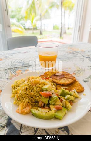 Eine köstliche karibische Mahlzeit mit gewürztem Reis, serviert neben lebendigem Avocadosalat und knusprigen Kochbananen. Der Hintergrund zeigt eine üppige tropische Landschaft Stockfoto